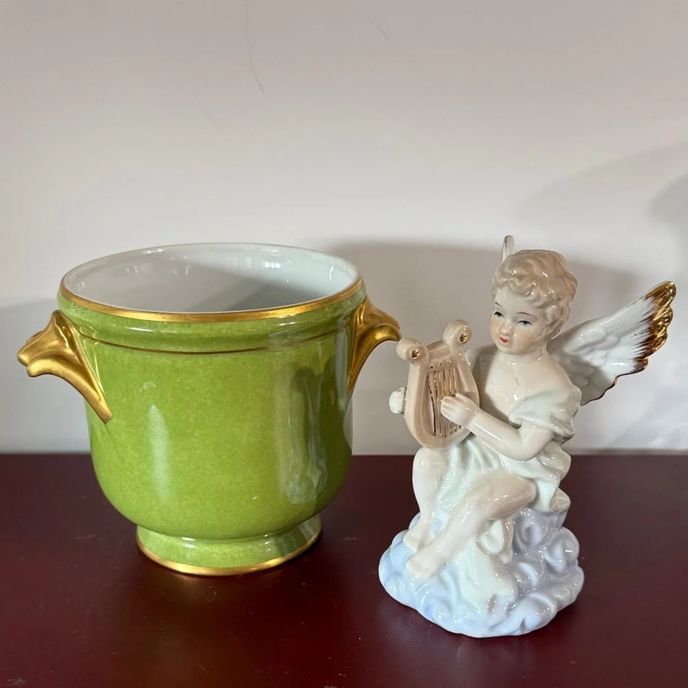 Vintage Cherub Figurine angel playing a harp